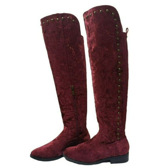 Very Volatile LA Sybille Wine Red Velvet Faux Suede Brocade Boots WOMENS SZ 6.5 - Picture 1 of 13